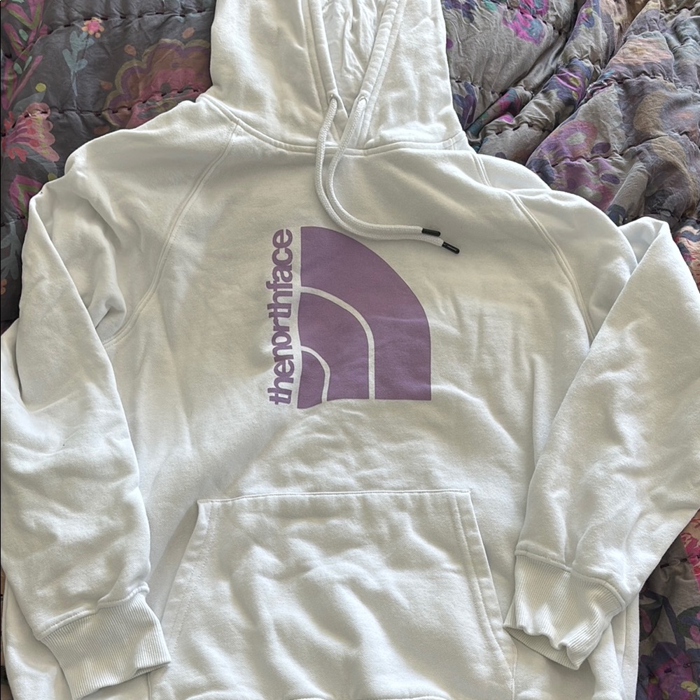 The North Face White Hoodie with Lavender Logo